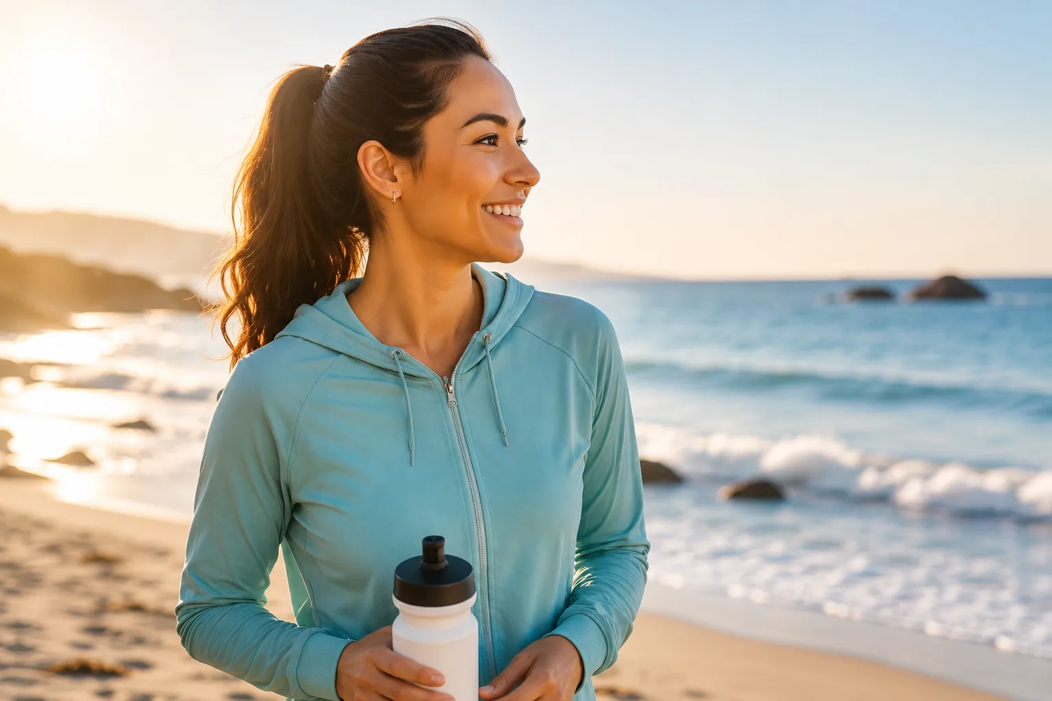 A woman relaxing on the beach with a water bottle