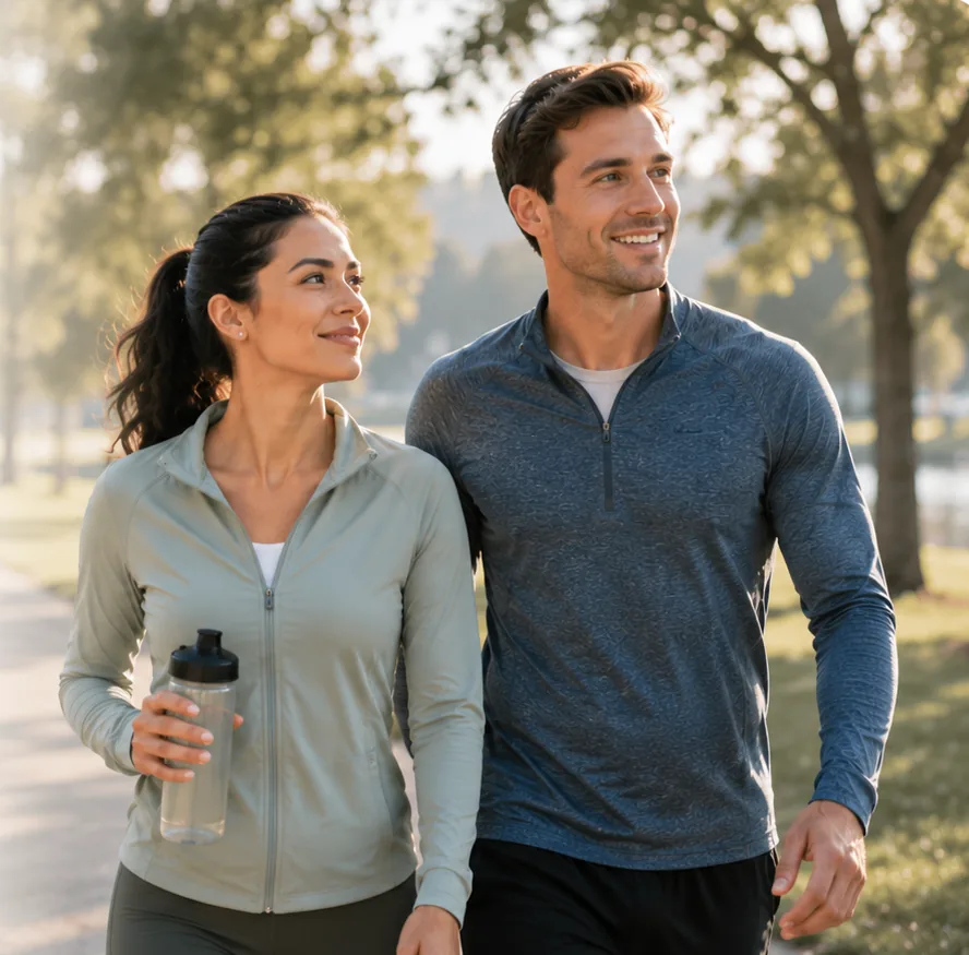 A couple walking together through a sunny park