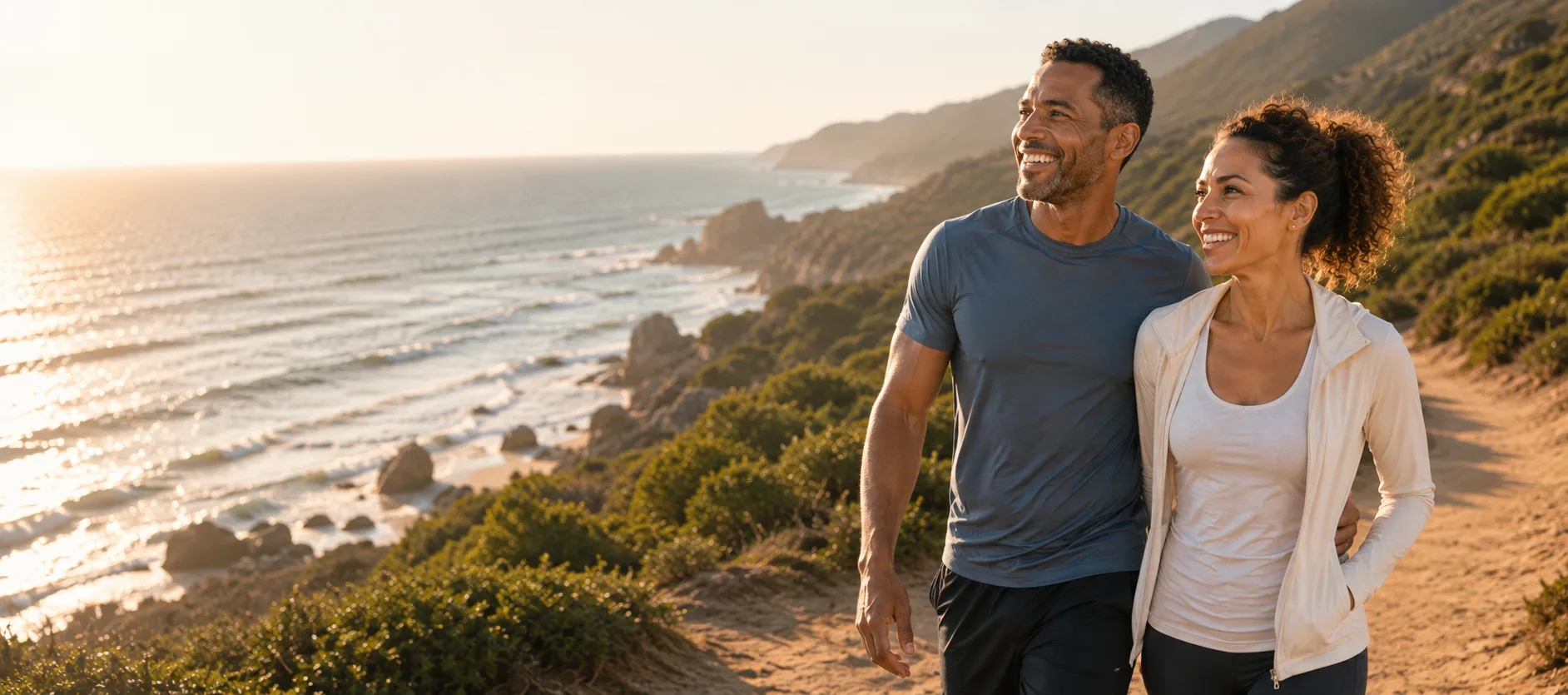 A smiling couple walking a coastal trail at sunset