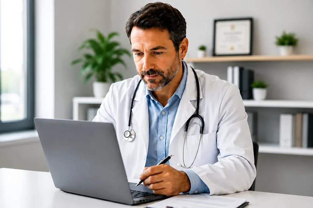 A licensed healthcare provider reviewing a health assessment on a laptop