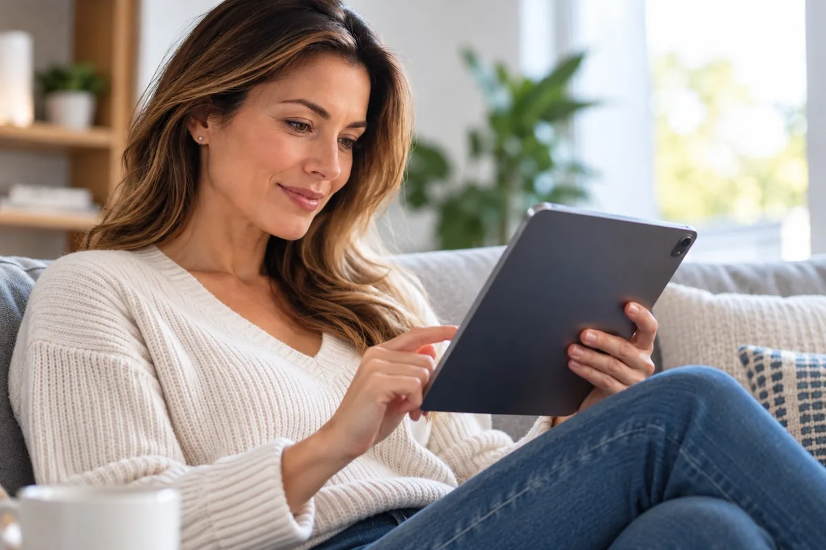 A smiling woman reading on a tablet on her living-room sofa