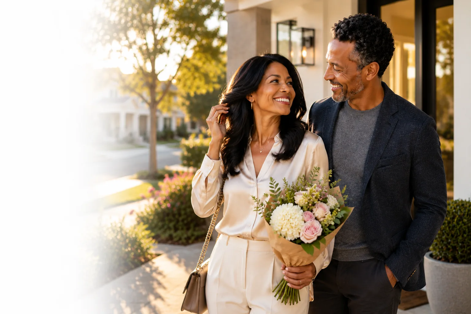 A smiling couple walking together outside their home at golden hour