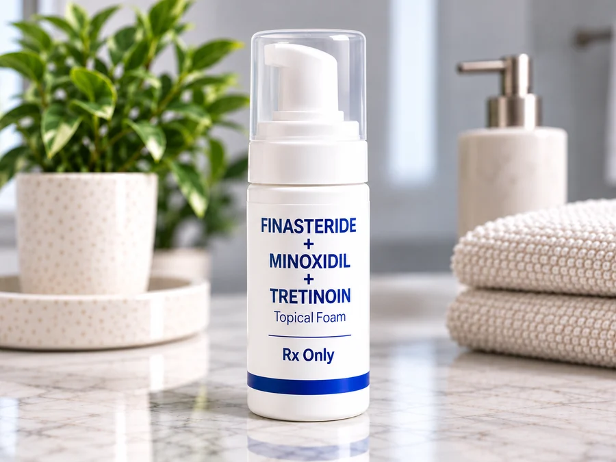 A white foam pump bottle labeled Minoxidil plus Finasteride plus Tretinoin, Topical Foam