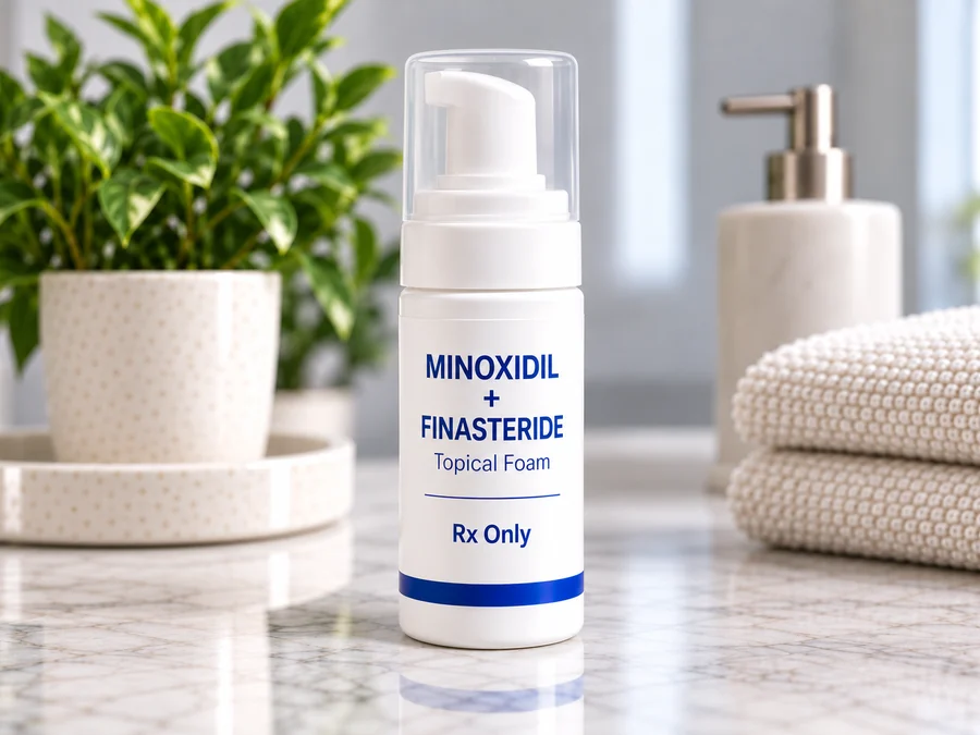 A white foam pump bottle labeled Minoxidil plus Finasteride Topical Foam