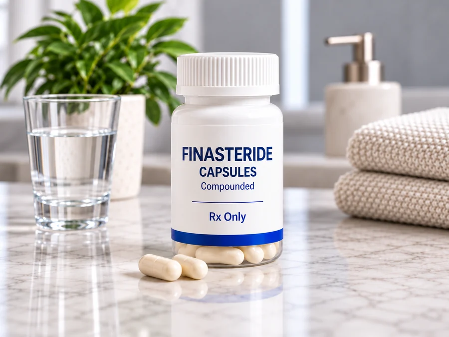 A white bottle labeled Finasteride Capsules, Compounded, beside capsules and a glass of water