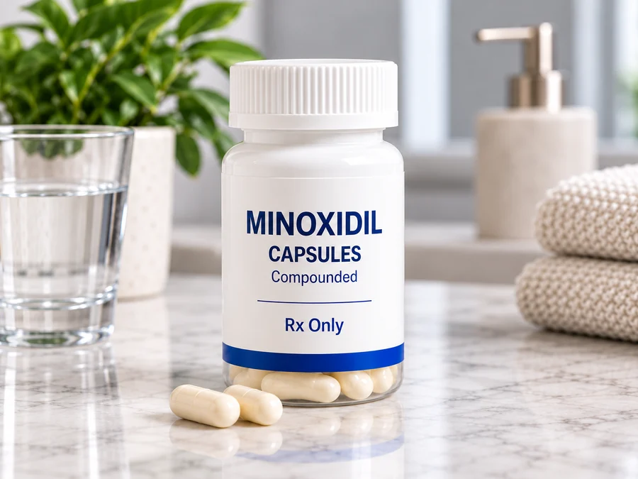 A white bottle labeled Minoxidil Capsules, Compounded, beside capsules and a glass of water
