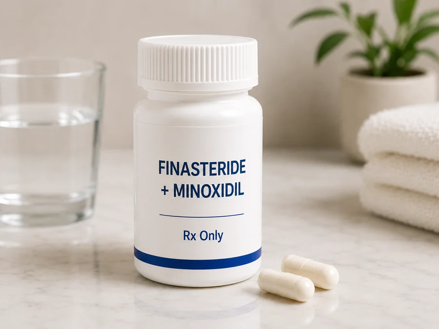 A compounded oral hair restoration medication bottle with capsules and a glass of water