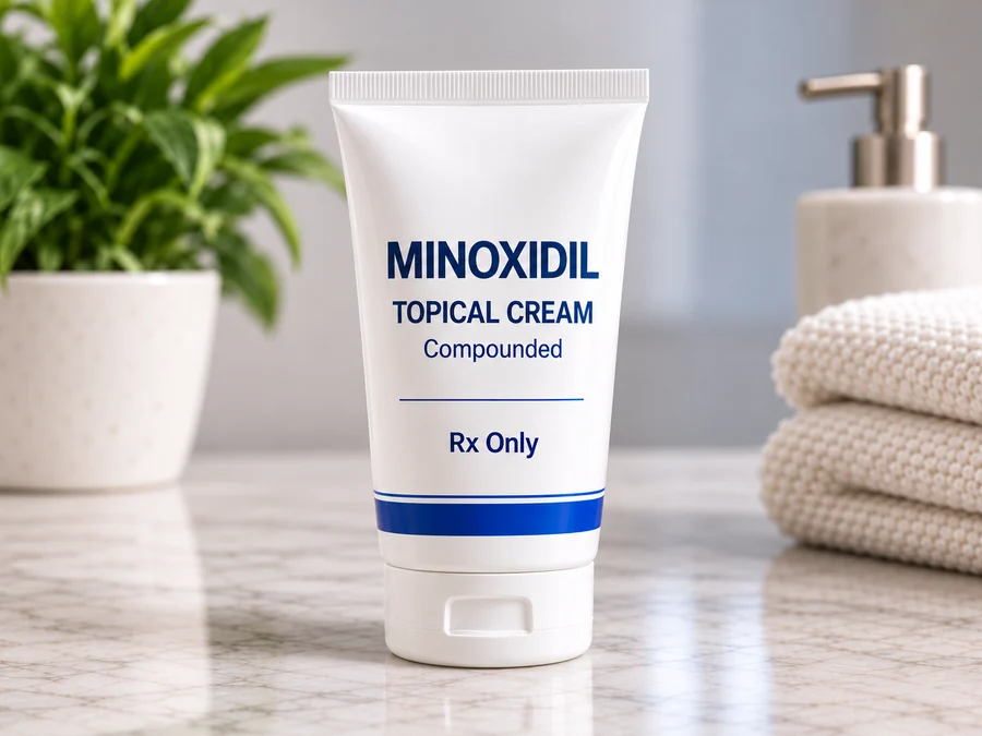 A white tube labeled Minoxidil Topical Cream, Compounded, on a marble counter