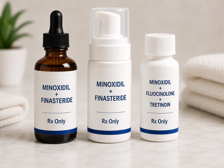 Compounded topical hair restoration medications — dropper solution, foam pump and bottle