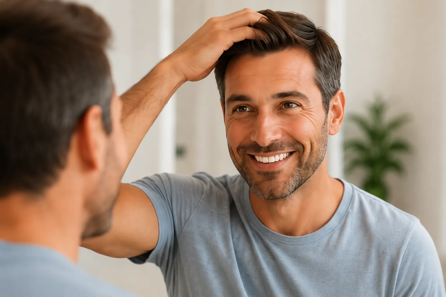 A man checking his hair growth in the mirror