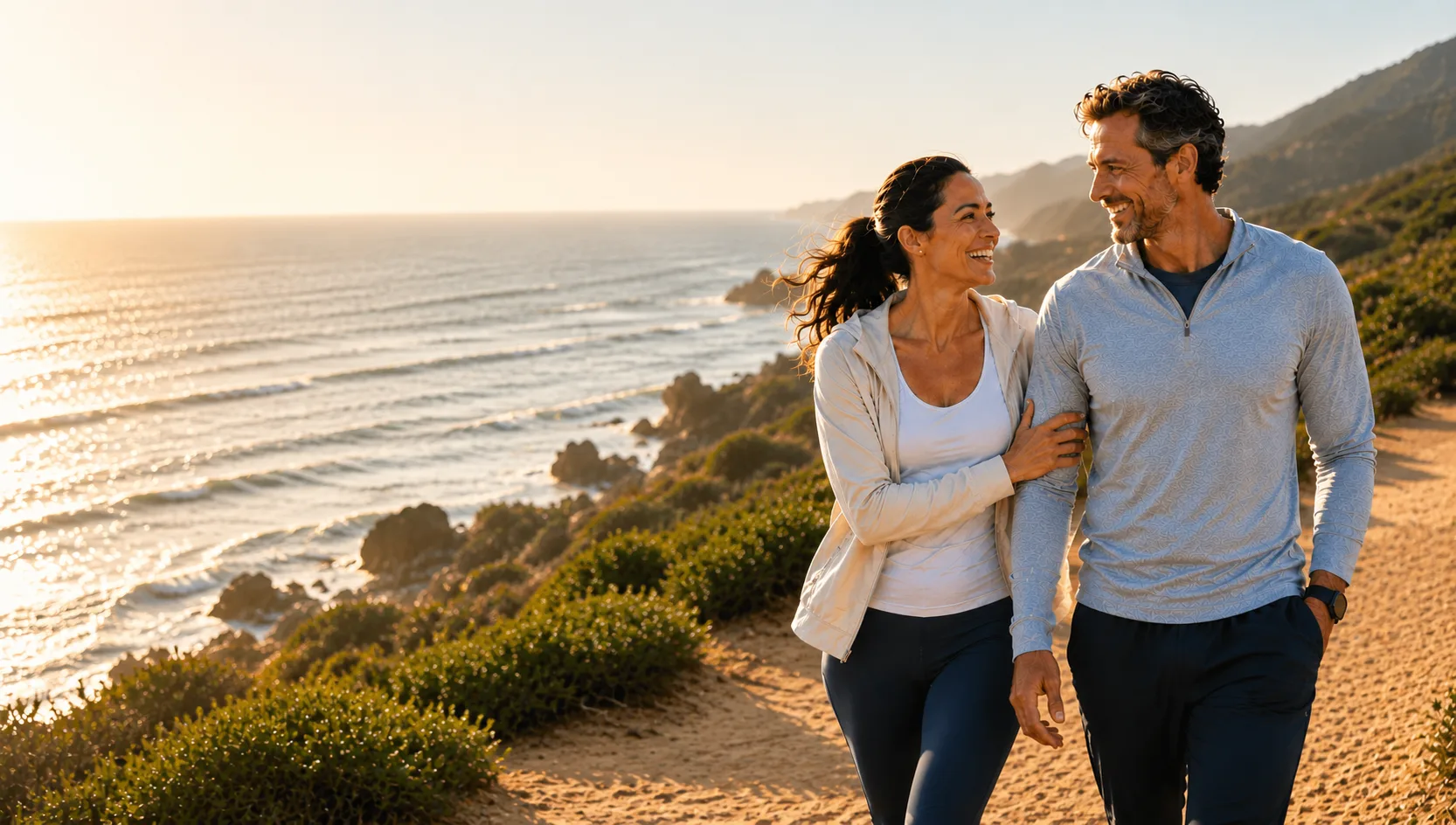 A smiling couple walking arm in arm along a coastal trail at sunset