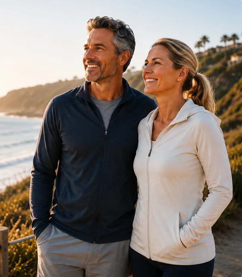 A smiling couple looking out over the coast at sunrise