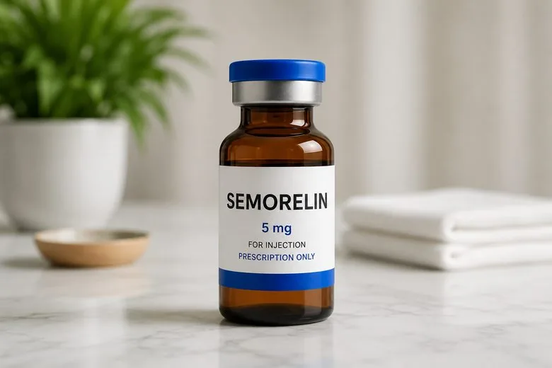 Peptide medication vial on a counter
