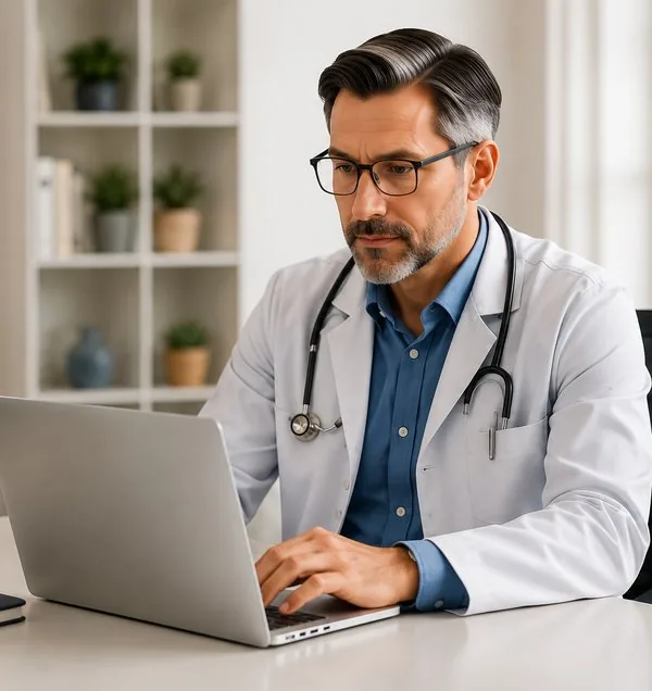 Provider reviewing patient information on a laptop
