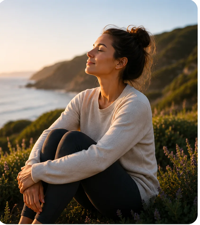 A woman sitting peacefully on a coastal hillside at sunset