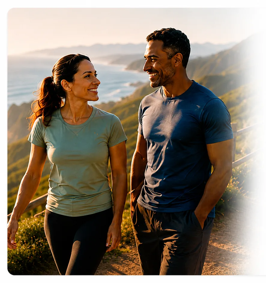 A couple walking together on a coastal trail at sunset
