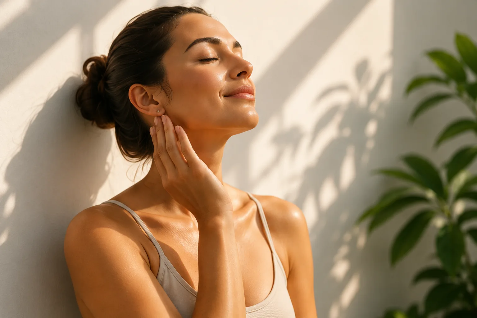 A woman with glowing skin in soft natural light