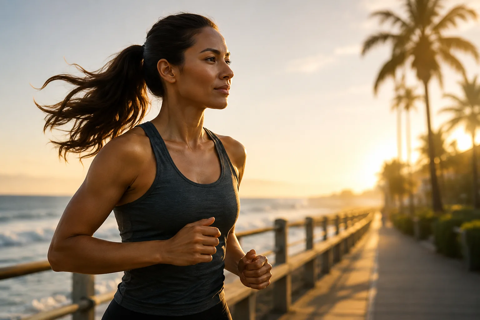 A woman running along a palm-lined coastal path