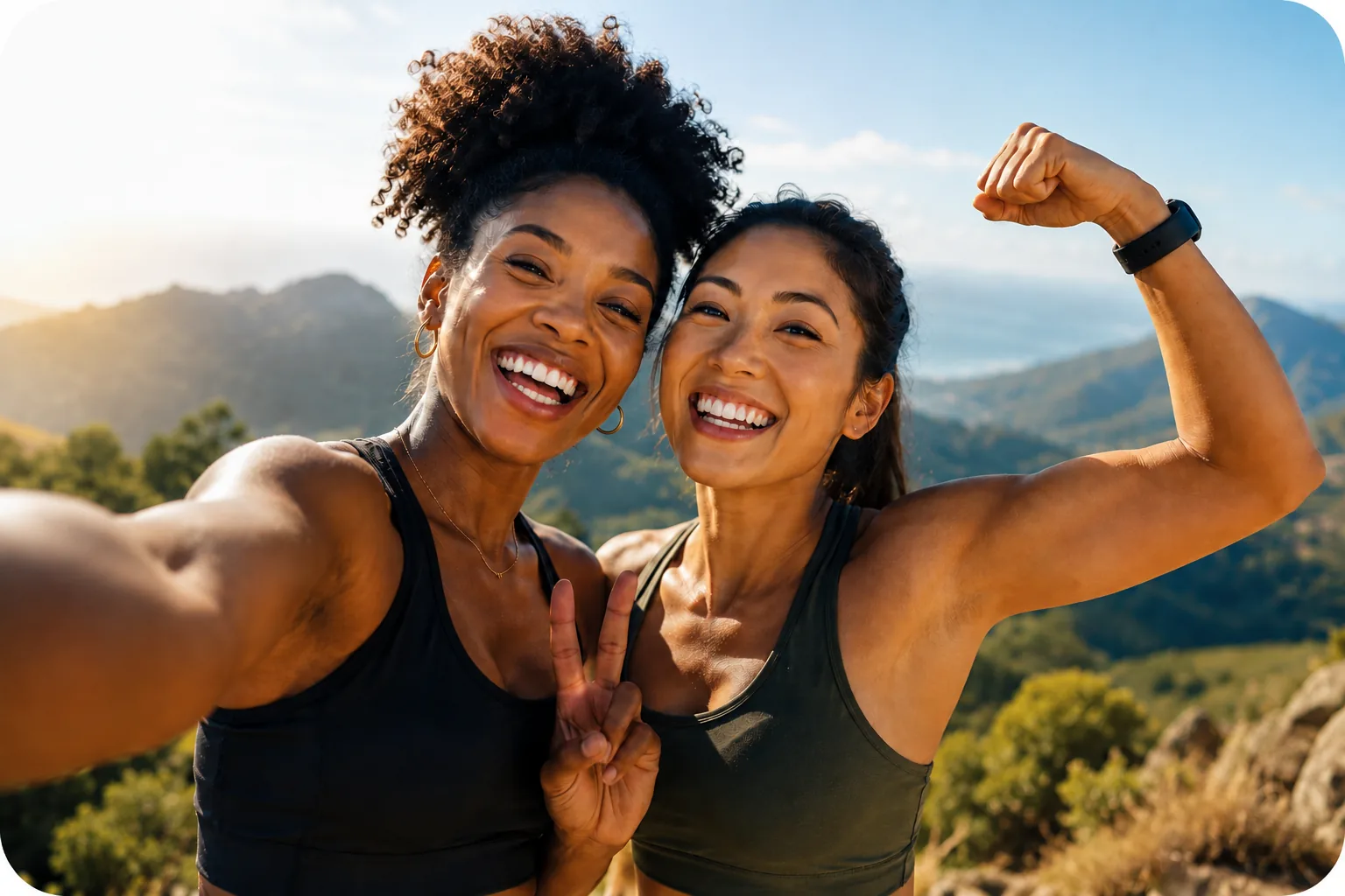 Two women smiling and flexing after a workout outdoors
