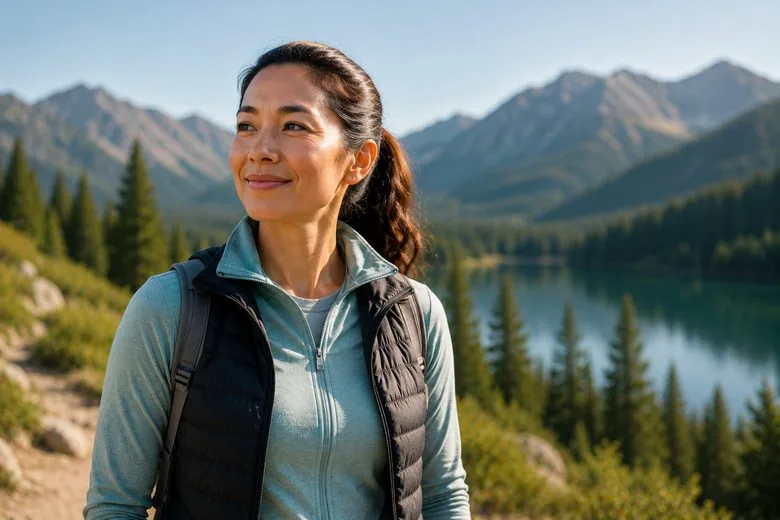 Woman hiking near a mountain lake