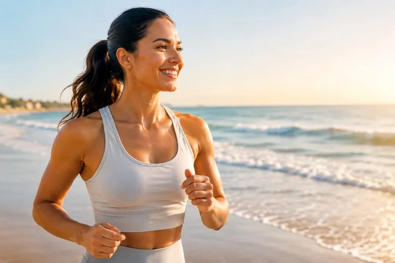 Woman running along the beach at sunrise