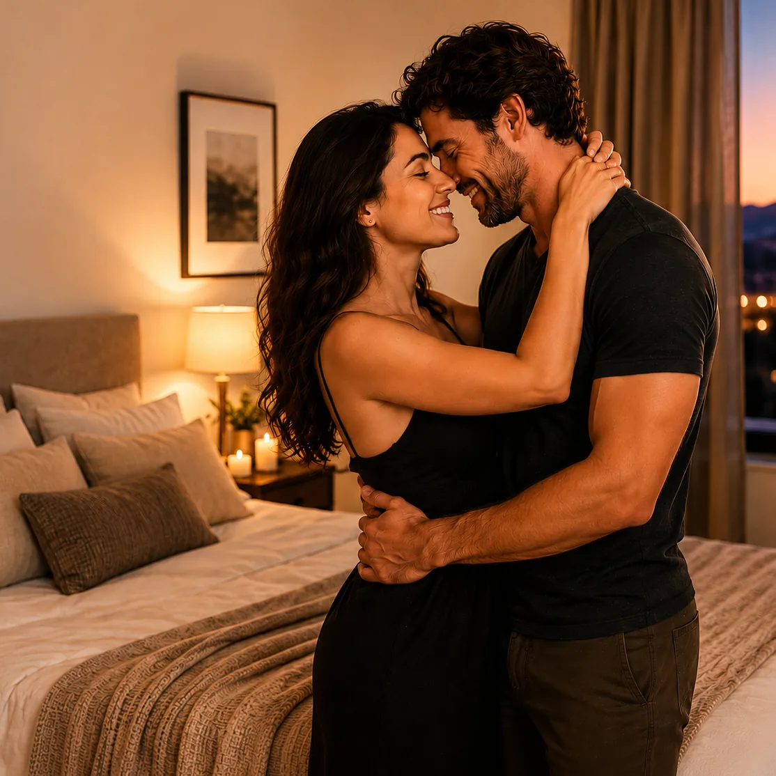 A couple embracing tenderly at home in the evening