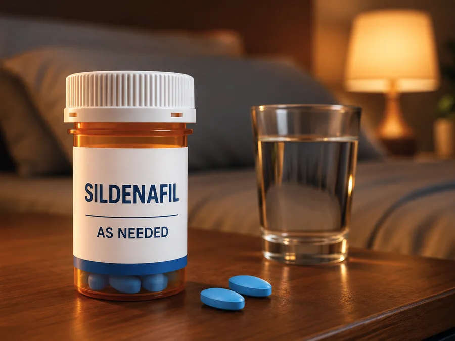 An amber prescription bottle labeled Sildenafil As Needed beside a glass of water on a bedside table