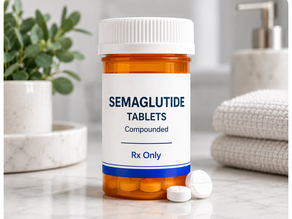 A prescription bottle labeled Semaglutide Tablets, Compounded, with two white tablets beside it
