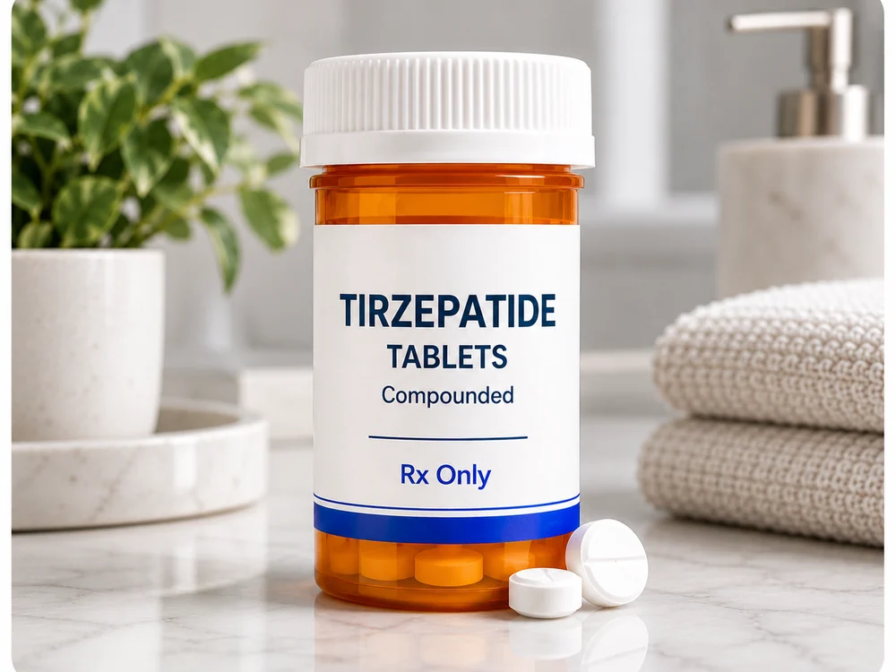 A prescription bottle labeled Tirzepatide Tablets, Compounded, with two white tablets beside it