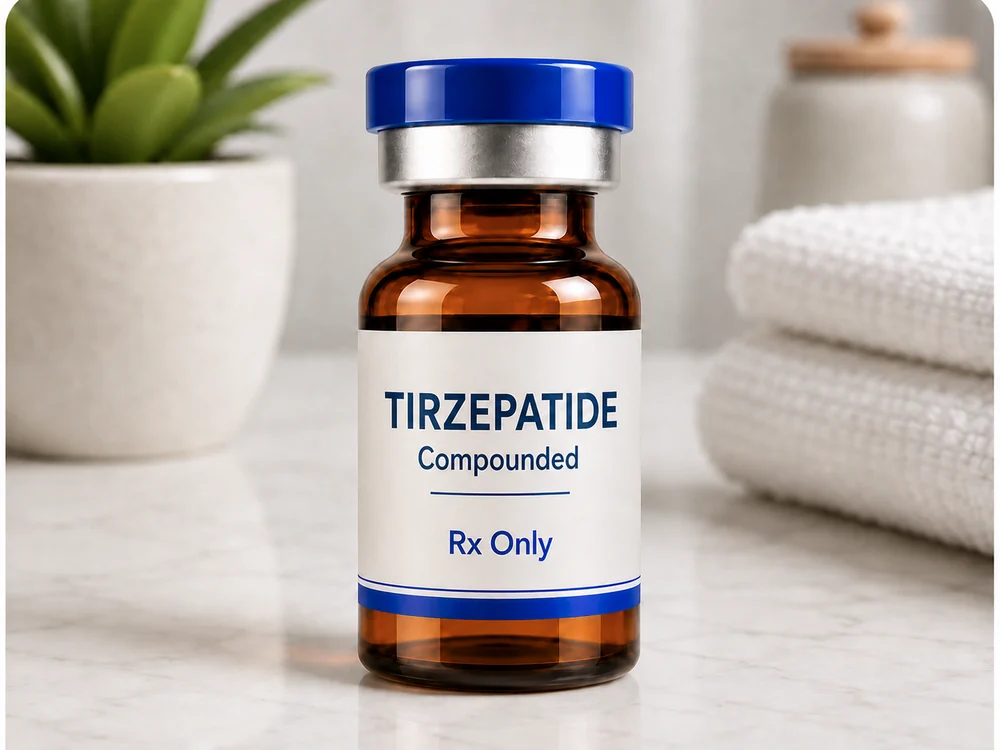 An amber vial labeled Tirzepatide, Compounded, Rx Only, on a marble bathroom counter